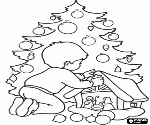 Colorear Ni�o colocando la estrella en el bel�n delante del �rbol de Navidad