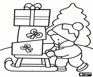Colorear Ni�o con un trineo cargado de regalos de Navidad