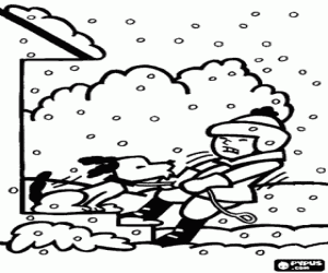 Colorear Ni�o intentando sacar a pasear al perro durante una fuerte nevada