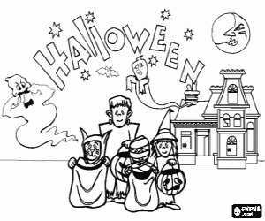 Colorear Ni�os disfrazados de monstruos y brujas frente una casa encantada con fantasmas la noche de Halloween