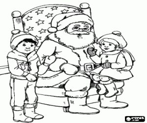 Colorear Ni�os hablando con Pap� Noel, la ni�a sentada en su regazo