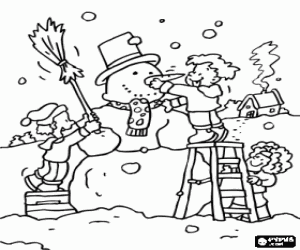 Colorear Ni�os haciendo un  gran mu�eco de nieve