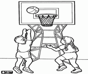 Colorear Ni�os jugando a baloncesto, lanzando el bal�n a canasta