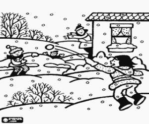 Colorear Ni�os jugando a una guerra de nieve