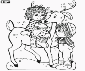 Colorear Ni�os jugando con un reno de Navidad