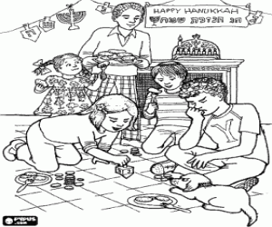 Colorear Ni�os jugando con un sevivon o dreidel, una perinola de cuatro caras, en la fiesta del Januc�