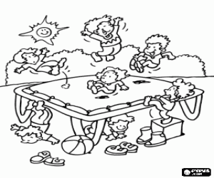 Colorear Ni�os jugando y saltando en la cama el�stica