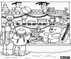 Colorear Ni�os mirando el escaparate de una tienda de juguetes en Navidad