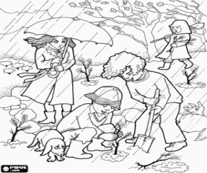 Colorear Ni�os plantando peque�os �rboles en el jard�n bajo una lluvia de oto�o
