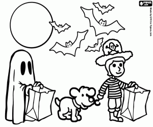 Colorear Noche de luna llena y murci�lagos, un pirata, un fantasma y un perro salen a hacer el truco y  trato con las calabazas