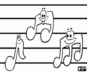 Colorear Notas musicales con caras en un pentagrama