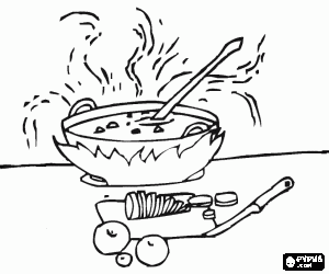 Colorear Olla con sopa en el fuego de la cocina