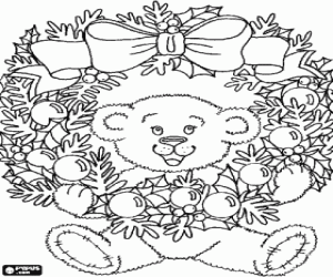 Colorear Osito de peluche con una gran corona de Navidad adornada con un gran lazo y bolas