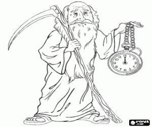 Colorear Padre Tiempo como una personificaci�n del a�o viejo, un hombre mayor barbudo vistiendo una t�nica, llevando una hoz y un reloj de bolsillo