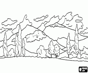 Colorear Paisaje con colinas al fondo y �rboles en primer plano