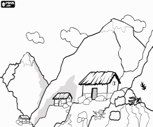 Colorear Paisaje de alta monta�a con los picos nevados y algunos refugios 