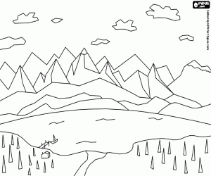 Colorear Paisaje de lago con las monta�as al fondo y con una casita y un peque�o velero amarrado