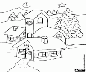 Colorear Paisaje de peque�o pueblo de monta�a con la luna y la estrella de Navidad