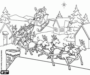 Colorear Paisaje de un pueblo en la noche de Navidad con Pap� Noel en su trineo y sus renos m�gicos volando sobre los tejados de las casas