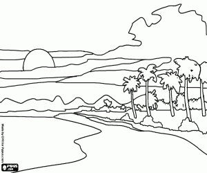 Colorear Paisaje de una isla tropical con montes y palmeras con nubes al fondo
