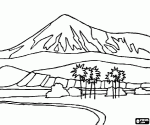 Colorear Paisaje des�rtico, un oasis con unas monta�as al fondo