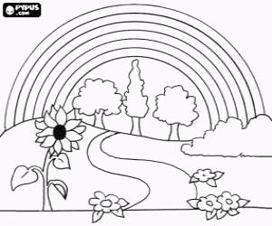 Colorear Paisaje en primavera con flores, �rboles y el arcoiris