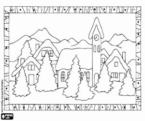 Colorear Paisaje enmarcado de un pueblo durante las Navidades