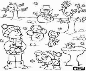 Colorear Paisaje invernal con ni�o, perro y mu�eco de nieve, todos bien abrigados