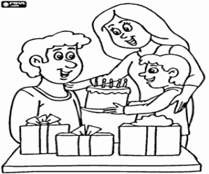 Colorear Pap� con el pastel y los regalos de celebraci�n junto con su hijo y su mujer