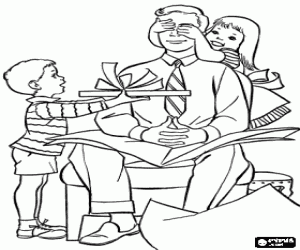 Colorear Pap� con los ojos tapados recibiendo el regalo sorpresa de sus hijos