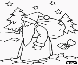 Colorear Pap� Noel cargando con el gran saco de regalos de Navidad por el bosque bajo el cielo estrellado