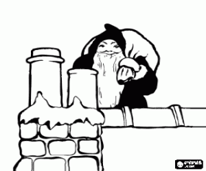Colorear Pap� Noel con el saco de regalos en el tejado de una casa buscando la chimenea para poder entrar