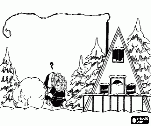 Colorear Pap� Noel con un gran saco de regalo delante de una casa con una chimenea muy estrecha