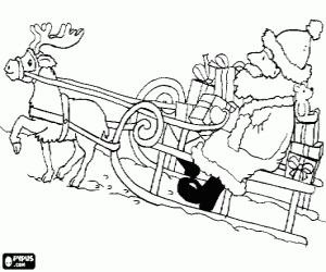 Colorear Pap� Noel en su trineo con un reno y cargado de regalos sobre la nieve