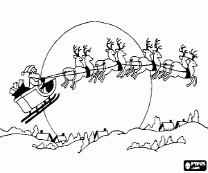 Colorear Pap� Noel en su trineo m�gico volador tirado por los renos navide�os la noche de Navidad