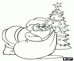 Colorear Pap� Noel o Santa Claus buscando un regalo en el saco para dejarlo debajo del �rbol de Navidad