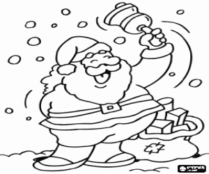 Colorear Pap� Noel o Santa Claus riendo y haciendo sonar la campanilla en la nieve