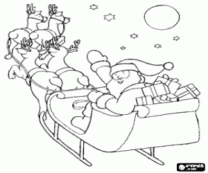 Colorear Pap� Noel saludando con la mano desde el trineo m�gico cargado de regalos