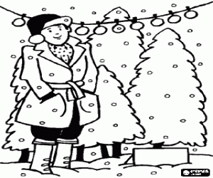 Colorear Parada al aire libre de venta de abetos de Navidad con el vendedor mientras nieva