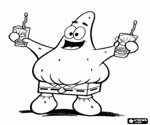 Colorear Patricio Estrella en la playa con dos bebidas en las manos y disfrazado con los pantalones de Bob