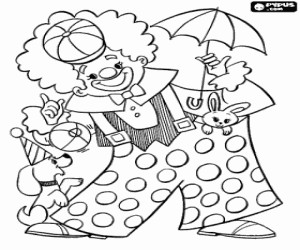 Colorear Payaso en el circo con un perro y un conejo