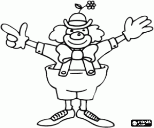 Colorear Payaso o clown con el traje completo, sombrero con una flor, peluca, guantes, lazo, grandes pantalones y grandes zapatos 
