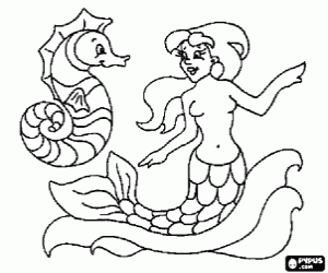 Colorear Peque�a sirena con un caballito de mar