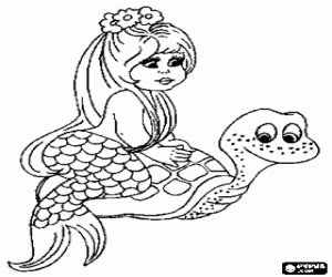 Colorear Peque�a sirena o sirenita montando sobre una tortuga marina
