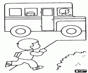Colorear Peque�o autobus escolar y ni�o corriendo