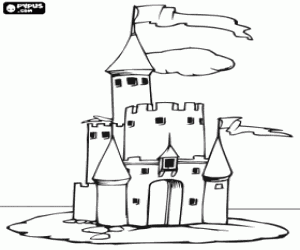 Colorear Peque�o castillo con una torre alta con bandera