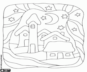 Colorear Peque�o pueblo con el cielo lleno de estrellas en Nochebuena