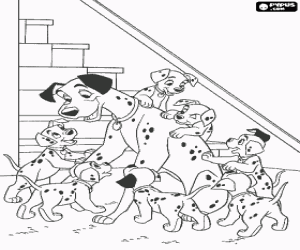 Colorear Perro d�lmata jugando con sus cachorros
