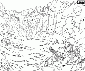 Colorear Peter, Lucy y Susan escapando por el r�o de la persecuci�n de los lobos, los polic�as de la Bruja Blanca