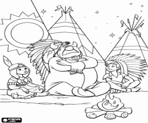 Colorear Peter Pan en el campamento indio de la tribu Piccaninny con la joven princesa Tigrilla y su padre, el jefe indio